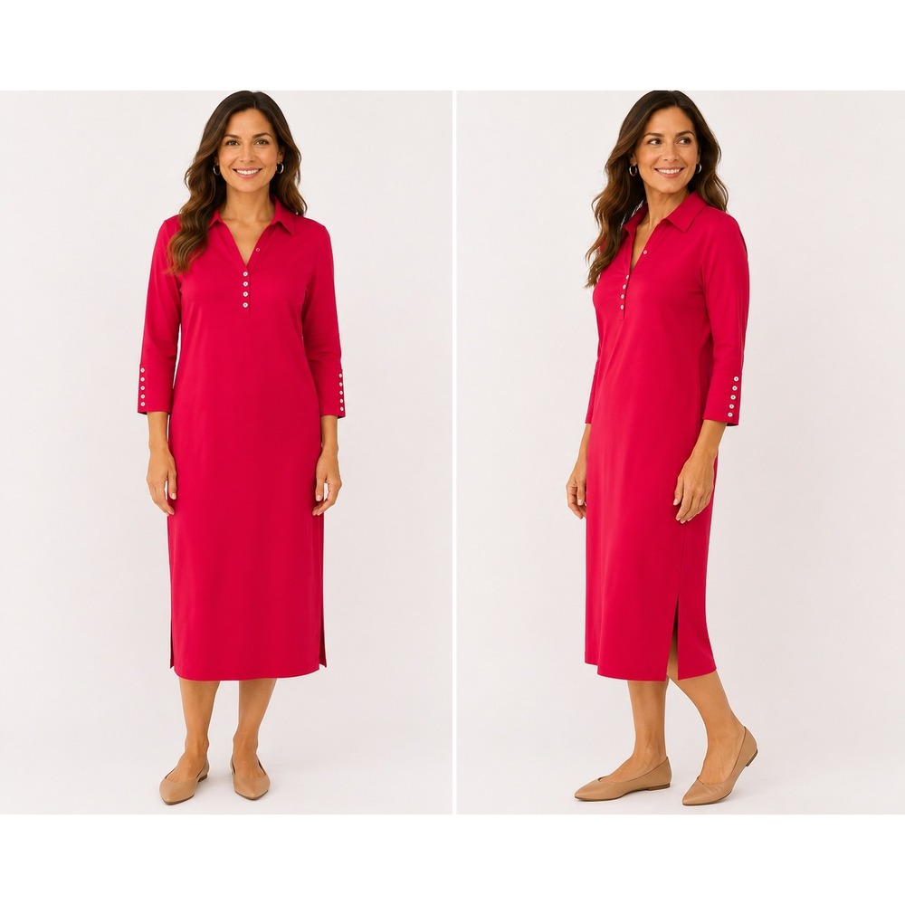 Talbots Red 3/4 Sleeve Button Cuff Polo Midi Dress XL Rayon Spandex Knit